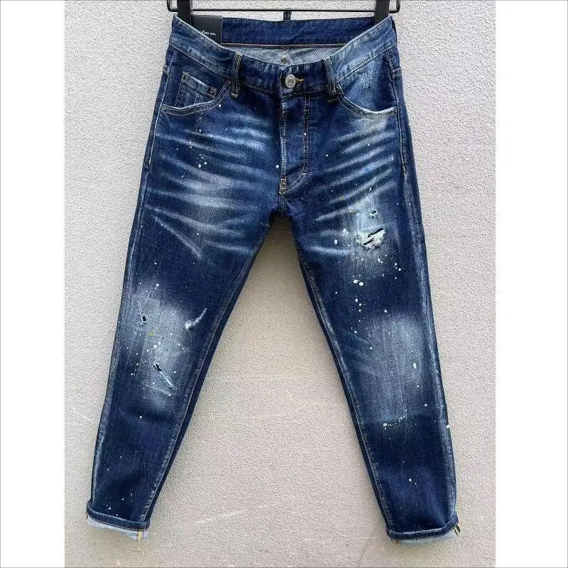 

Men's Fashion Casual Hole Spray Painted Jeans Trendy High Street Denim Fabric Letter Pants 103#