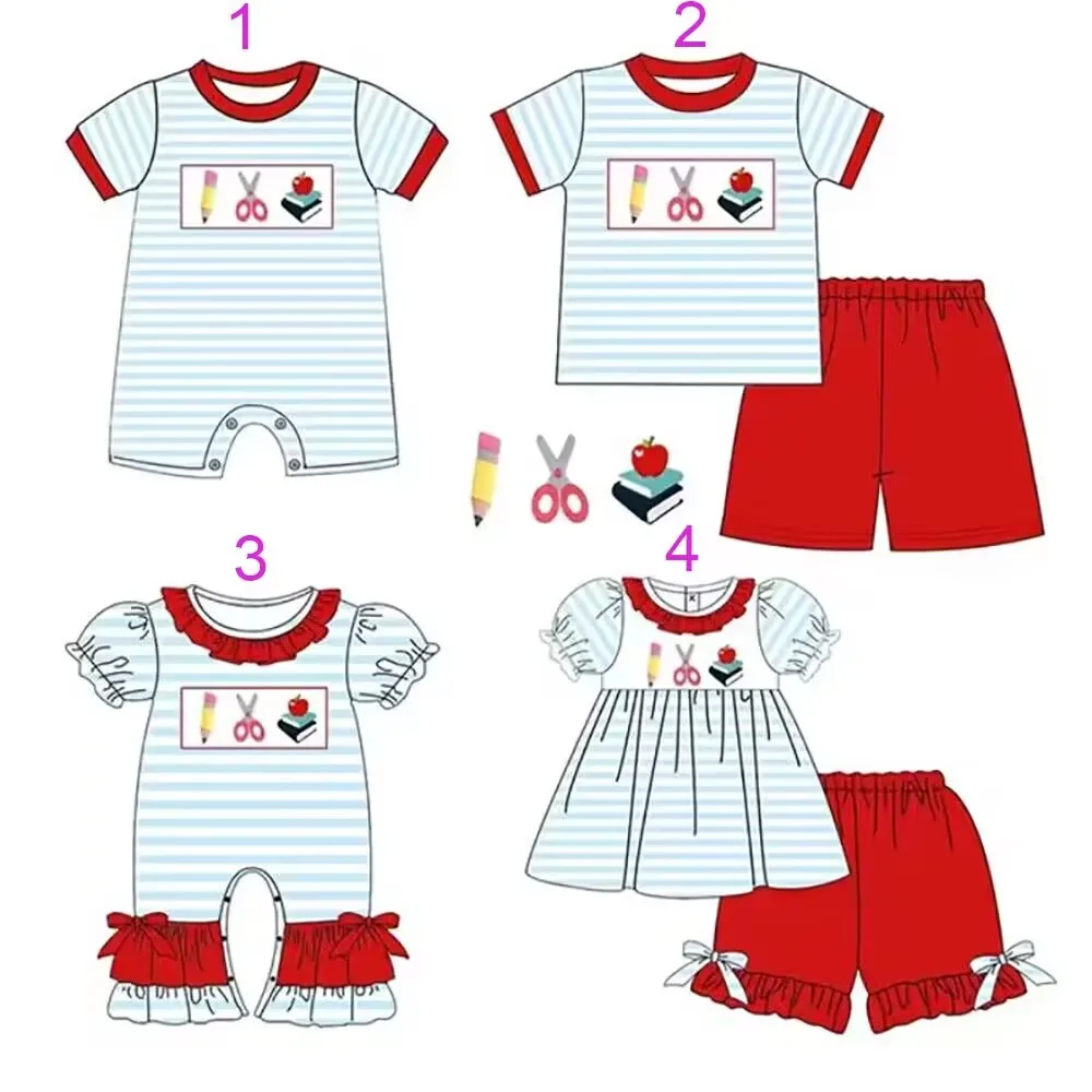 

Wholesale Kids Back To School Outfits Girls Clothes Pencil Apple Scissors Boys Sets With Baby Rompers Baby Bubbles milk silk