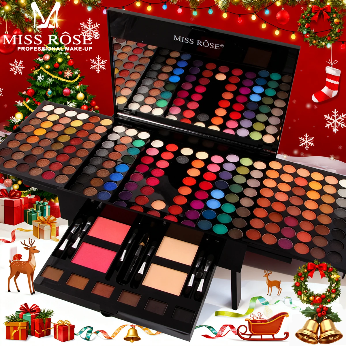 190-color professional makeup palette, eyeshadow, blush, and eyebrow powder 4-in-1, comes with mirror and a full set of brushes,