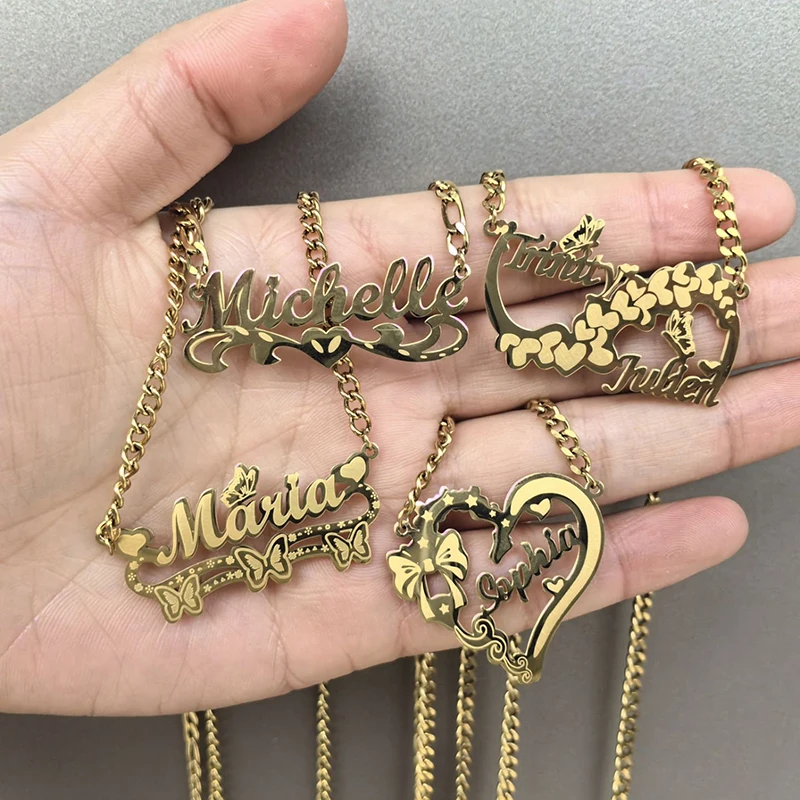 Goxijite Custom Removable Butterfly Heart Name Pendant Stainless Steel Laser Marking Nameplate Necklace