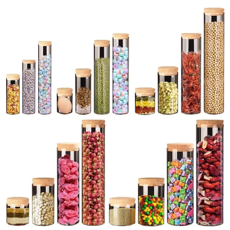 20pcs Dia 37mm straight mouth transparent glass bottle cork test tube flower tea dispenser sugar salt kitchen storage jar 6