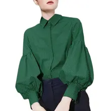 

Spring and Autumn Lantern Long Sleeved Shirts Ladies Loose Casual Shirt Top Polo-Neck Printing Fashion Elegant Women Blouses