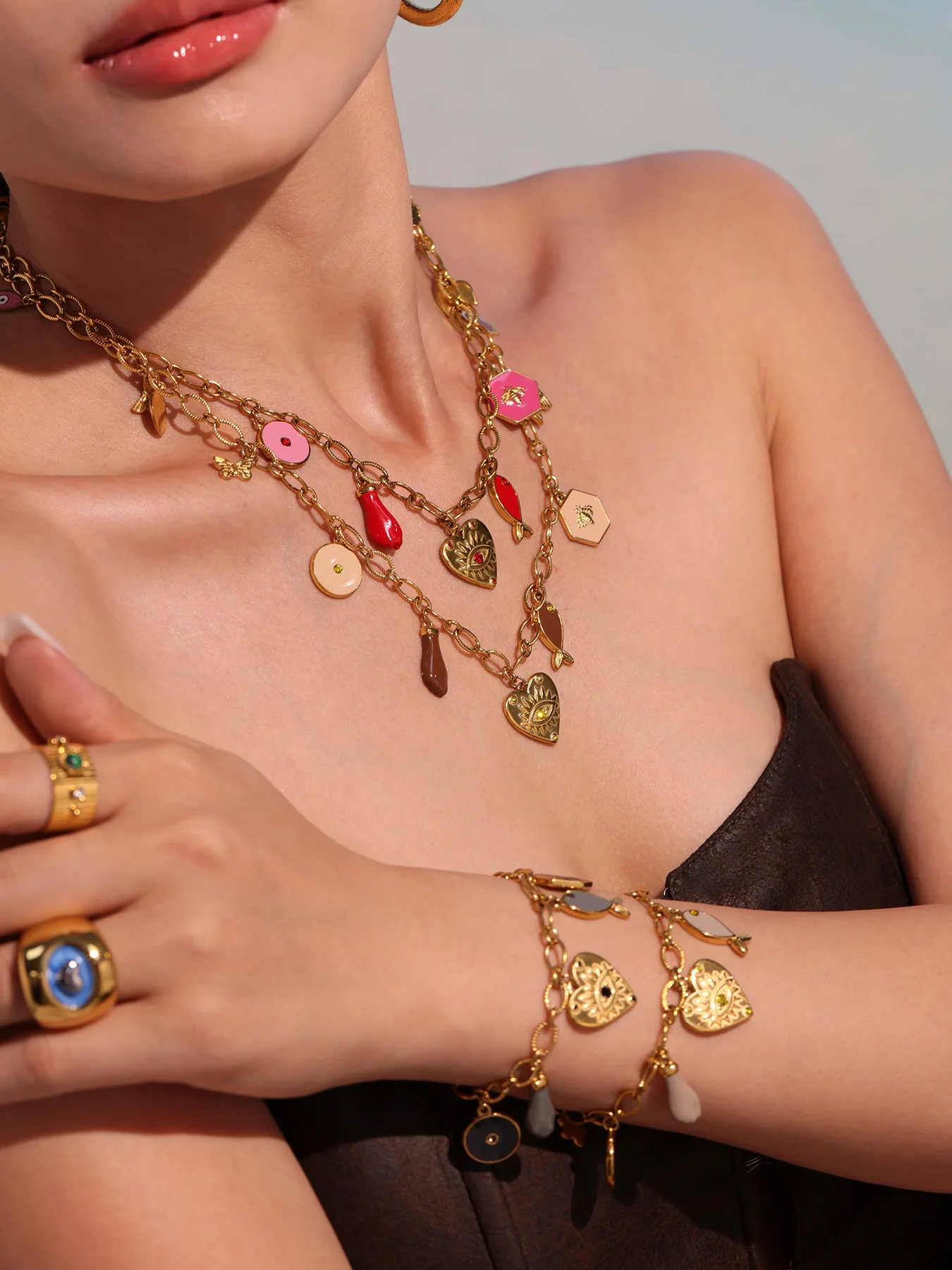 316 Edelstahl vergoldet 18 Karat Herz Anhänger Halskette rosa schwarz Emaille Luxus Zirkon Schmetterling Armband Frauen Schmuck Set – Detail 2