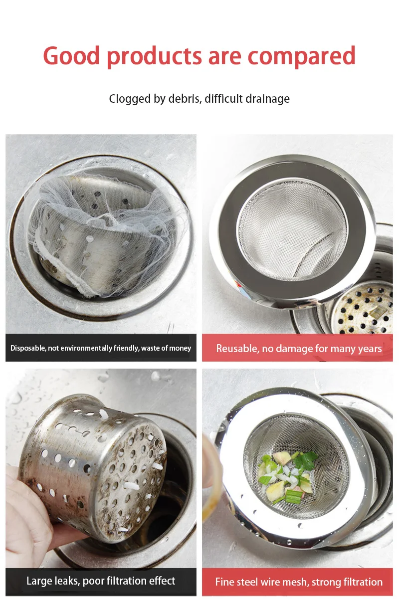 Description Picture 3 of item​Kitchen Sink Strainer With Handle Stopper Replacement Drain Basket Stainless Steel Mesh Filter Waste Hole 2024 New