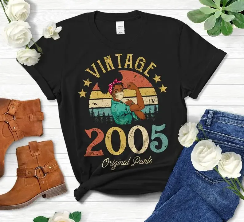 

Vintage 2005 Original Parts Tshirt African American girl with Mask 18th Birthday Color printed cotton O neck Harajuku shirt tops