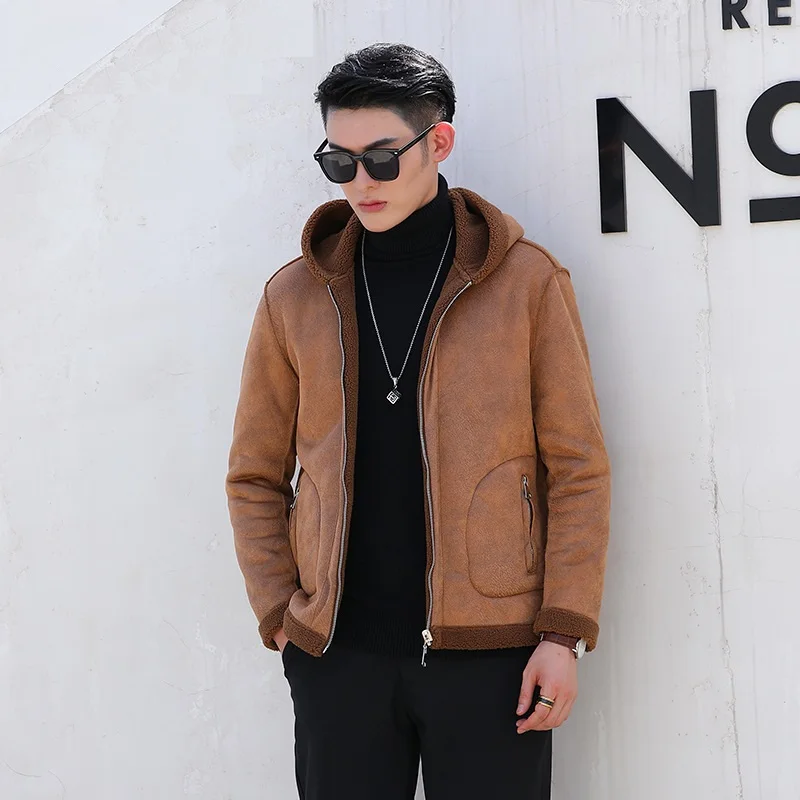 2022 Couples Wear Double Sided Grain Fleece Hooded Coat with Cashmere Thickened Suede Lamb Fur One Body Winter Warm Jacket Men