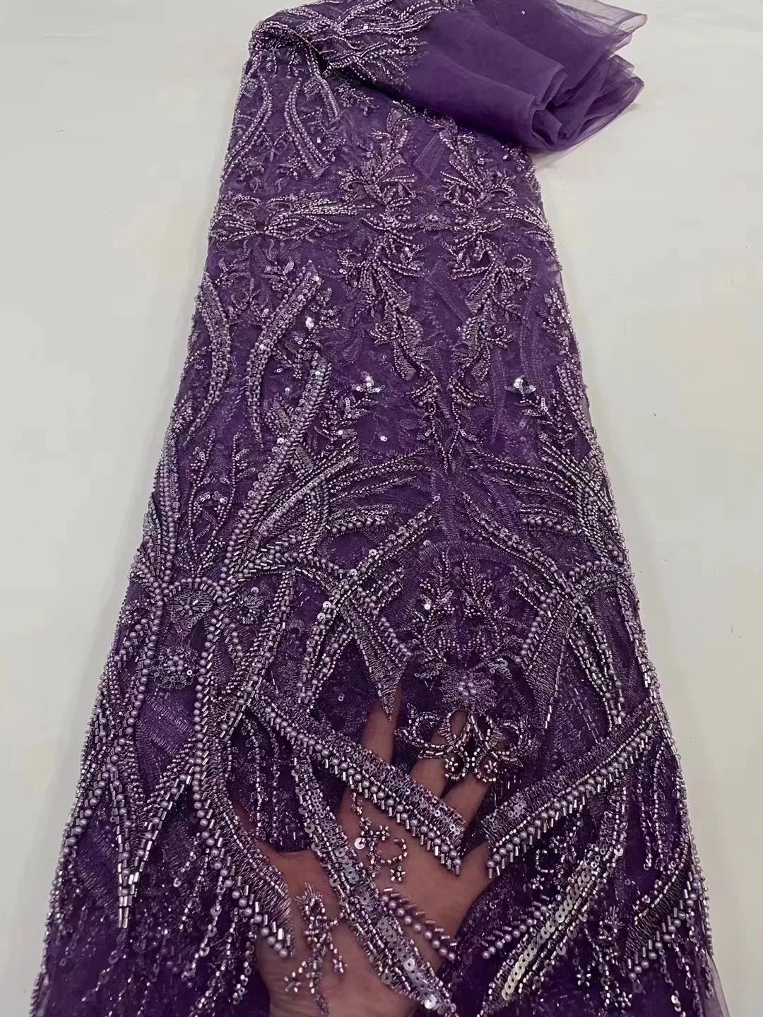 

Luxurious African Beaded Mesh Lace Fabric 2023 French Handmade Embroidery Sequins And Pearls Tulle Lace For Wedding Dresses Sew