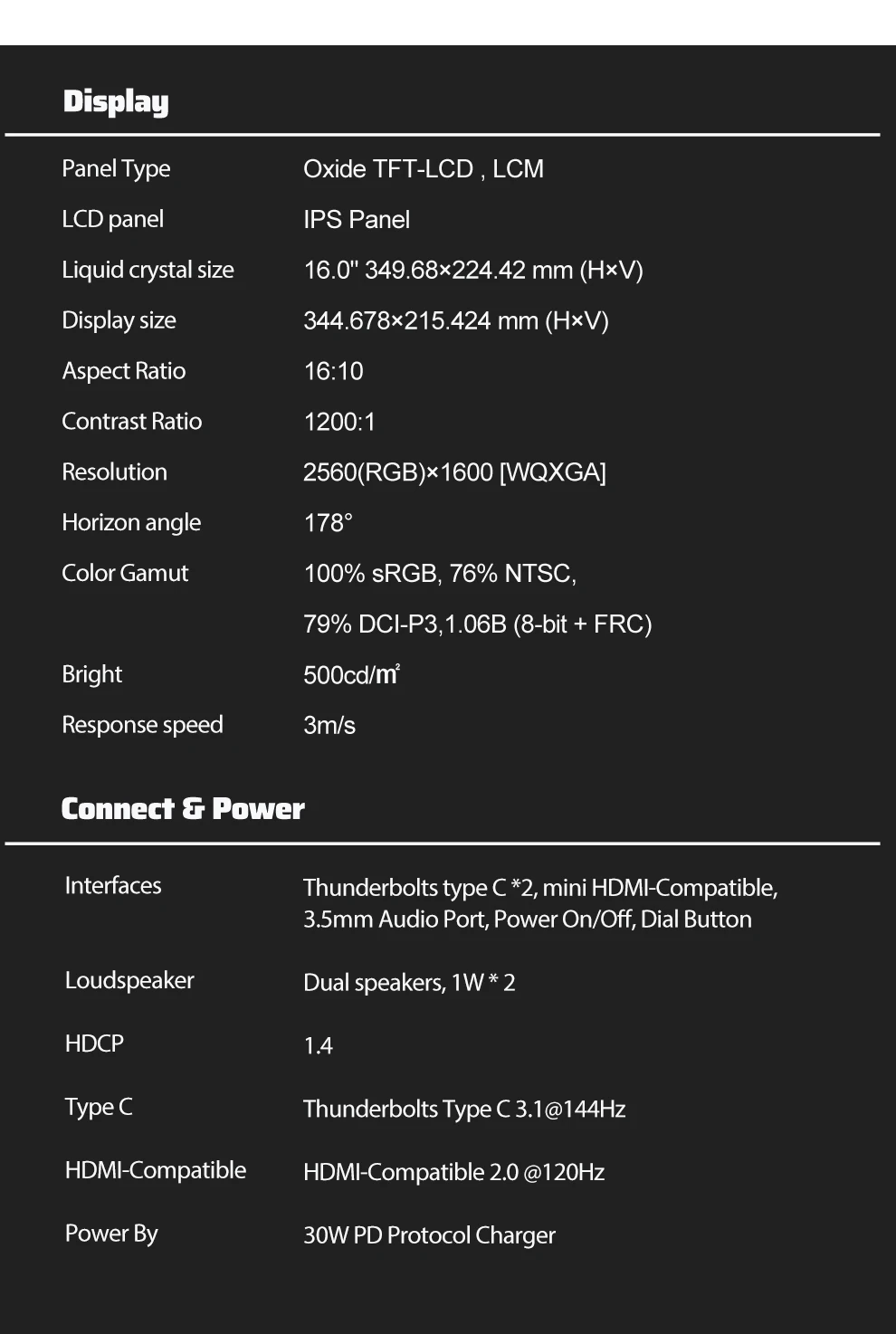 ZEUSLAP 16" 2,5K 144 Hz Tragbarer Monitor 2560*1600 16:10 100 % sRGB 500Cd/m² Reise-Gaming-Display für Laptop Switch PS4 Ps5 Xbox