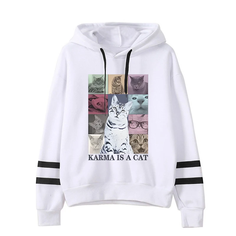Karma Is A Cat 그래픽 후드티 남녀공용, 빈티지 클래식 스트리트 스타일 스웻셔츠, 재미 있고 귀여운 고양이 애호가 패션 캐주얼 후드티