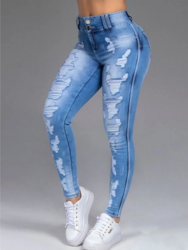 womens clothing Elegant Fashion Double-Button High Waist Trousers 2022 Spring Autumn Women Denim Pants Vintage Ripped Casual Elastic Slim Jeans straight leg jeans