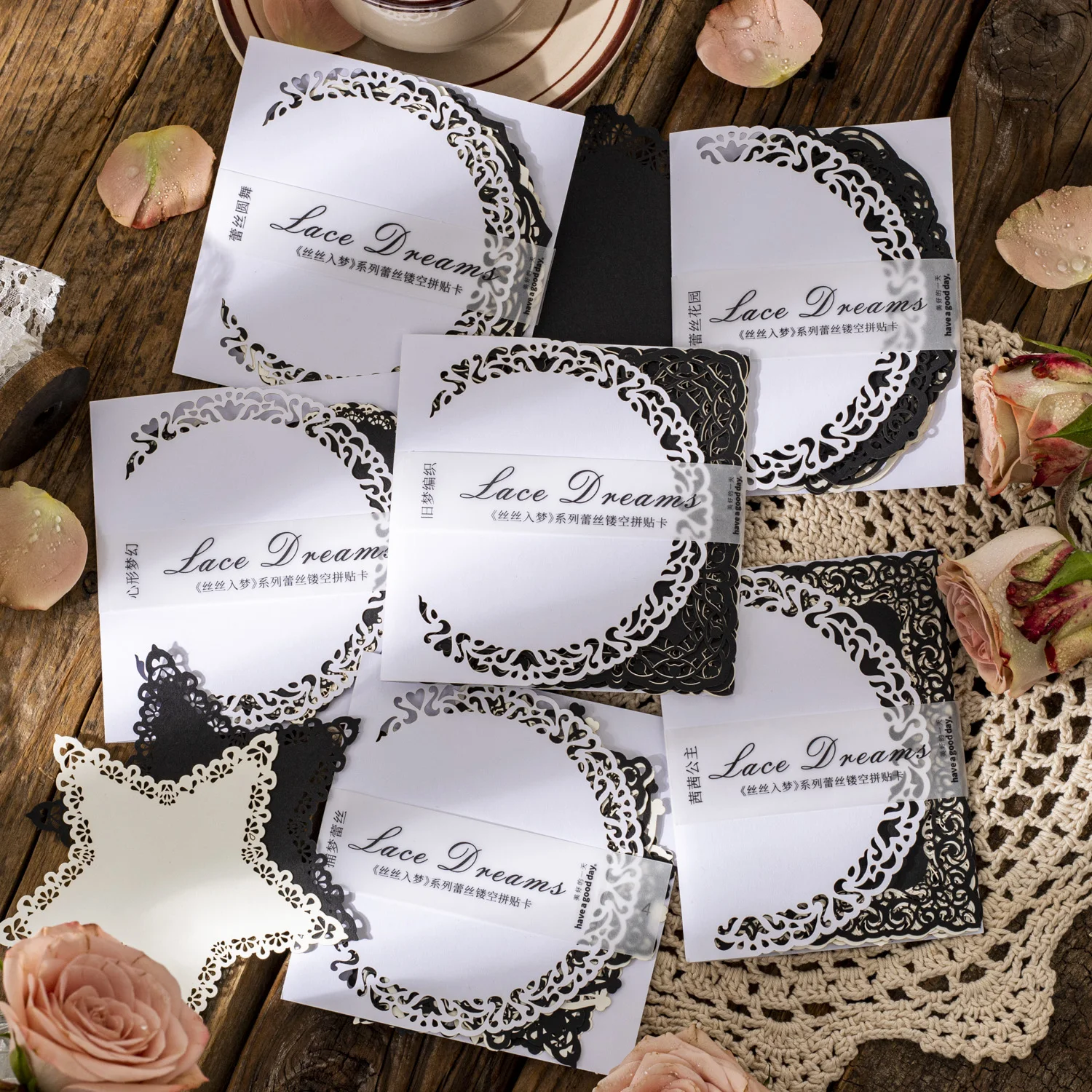 

10 Sheets Lace Dreams Series Vintage Black Card and White Card Hollow Lace Material Paper Creative DIY Collage Decor Stationery