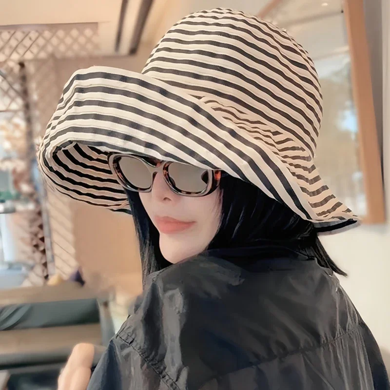Ladies Foldable Wide Brim Sun Hat - Striped UV Protection Fisherman Cap for Beach, Travel & Outdoor Summer