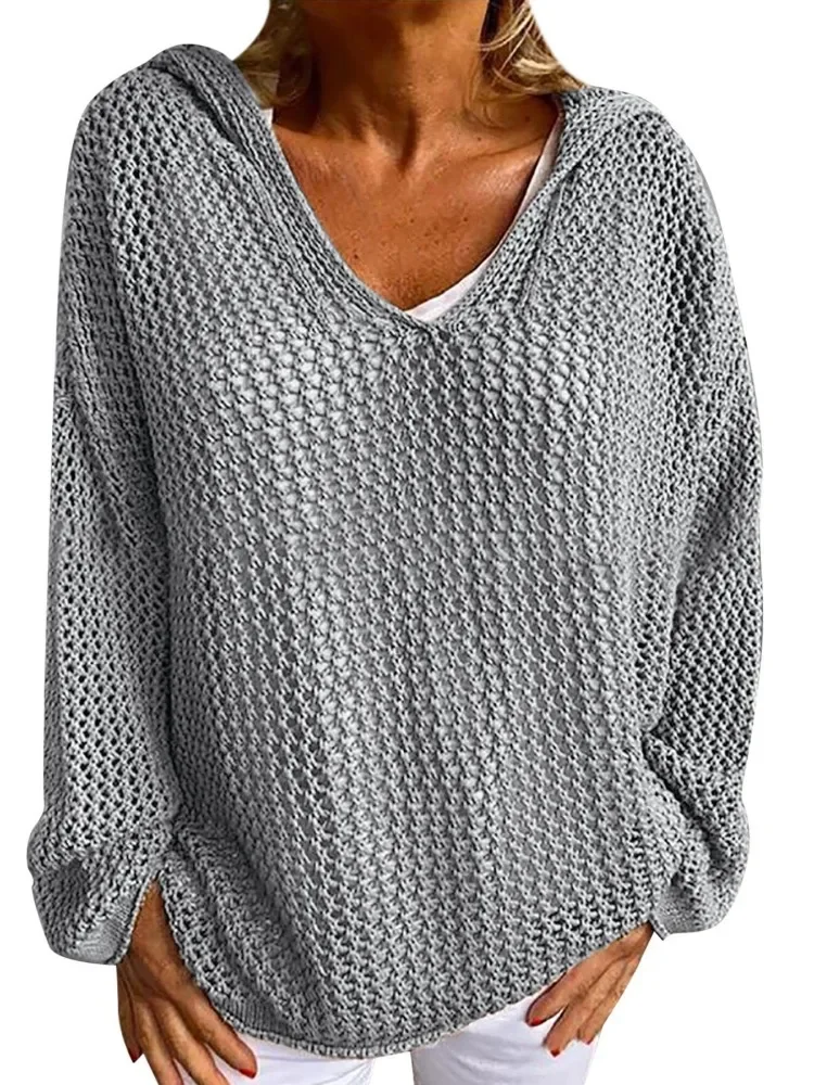 2025 New Fashion Hollow Women's Hooded V-Neck Long Sleeve Sweater Loose Casual Solid Color Knitwear Pullover Shirt