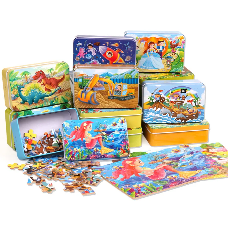 60-Piece Cartoon Puzzle Set with Metal Box - Early Education Animal & Vehicle Theme for Parent-Child Interaction