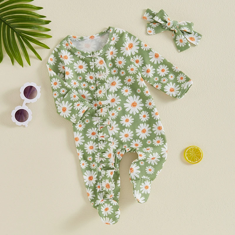Baby Girl Footed Romper Long Sleeve Round Neck Daisy Print Ruffled Full Length Jumpsuit with Headband