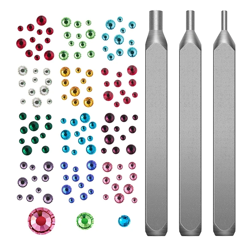

DIY Crystal Setter Stamping 1500 Pieces Multi Colored Flat Back for Rhinestone Jewelry 3 Size Metal Stamping T