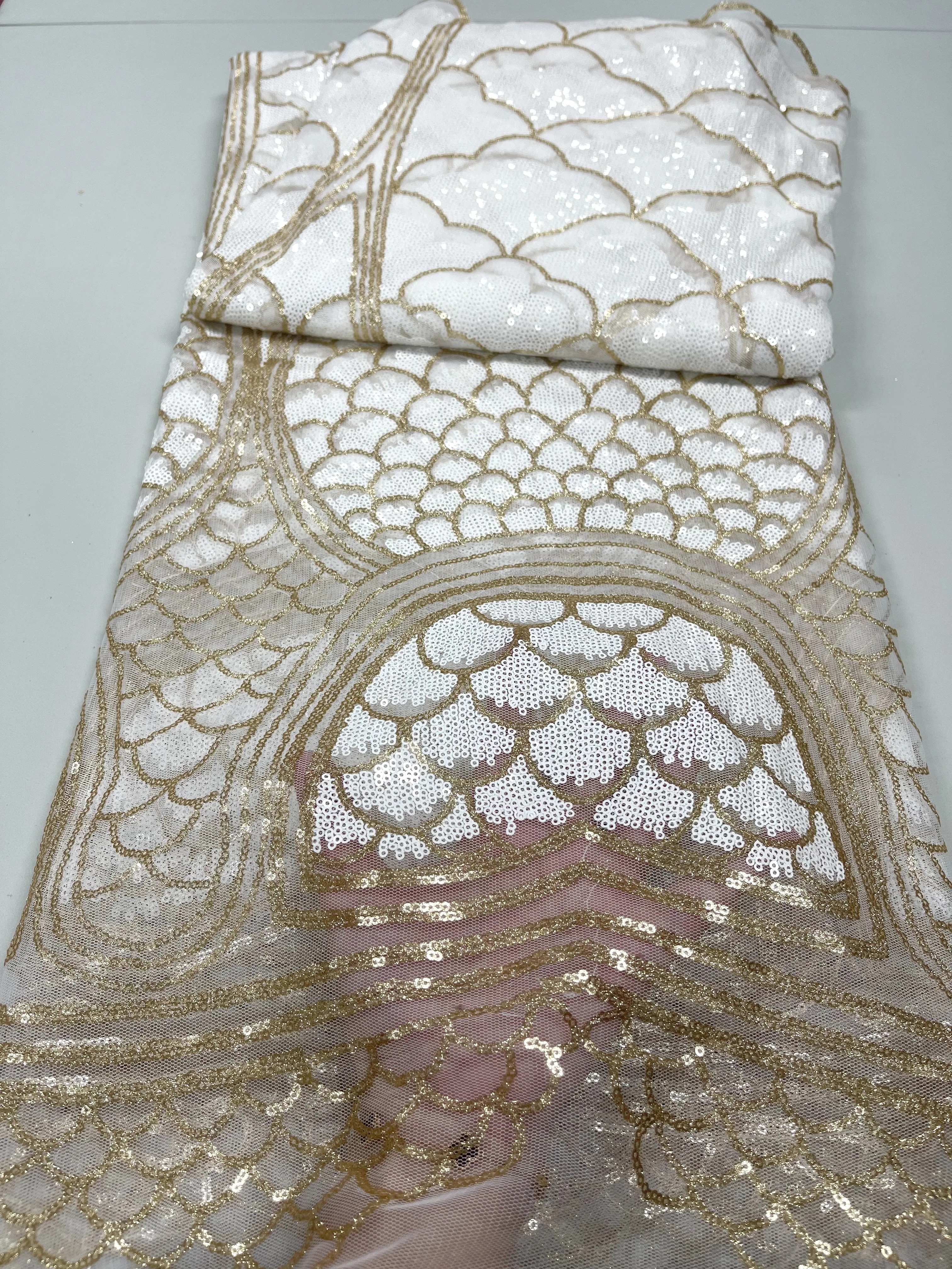 

African High Quality Lace Fabric 2022 White French Net Sequins Fabric Sewing Embroidered Lace In Tulle Nigeria
