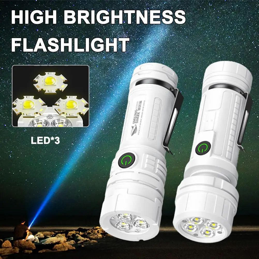 3LED Mini Strong Light Super Bright Flashlight Usb Charging Pen Clip Tail Magnet Outdoor Portable Torch Emergency