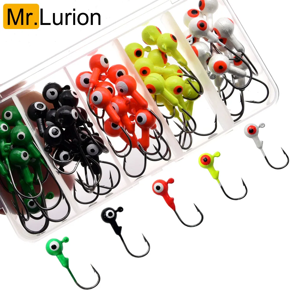 50pcs/Box 1g 1.8g 3.5g 5g 7g colored jig head hook,fishing hook with round head rigging hooks for soft lure baits,trout hook
