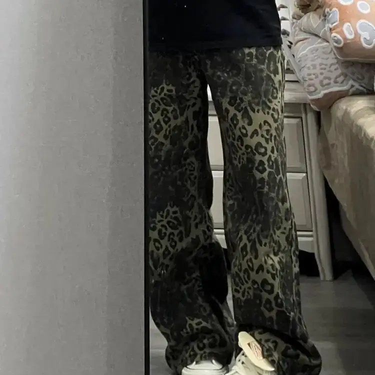 Jeans Leopard Tan Woman Denim Pants Wide Leg Trousers Streetwear Hip Hop Vintage Clothes Loose High Street Loose Slimming Jeans