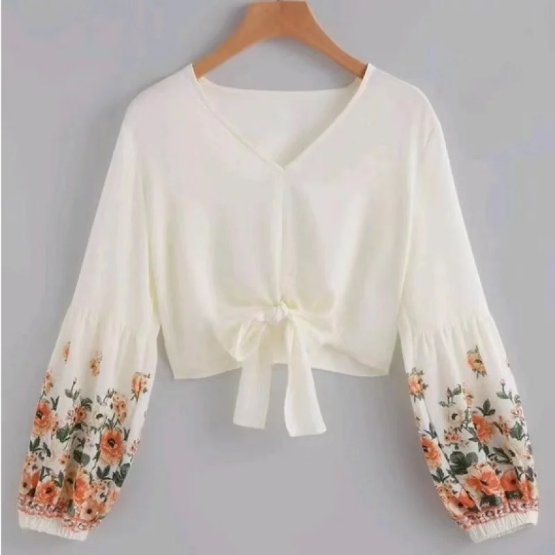 

South Korean women bubble sleeve chiffon blouse long sleeve floral short strap