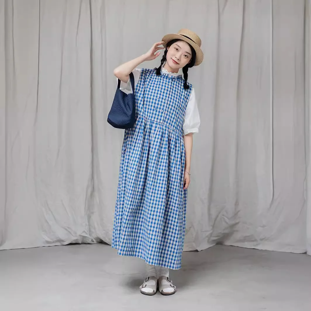 

Vintage Mori Girl Plaid Vest Dress Women Japanese Preppy Sleeveless Loose Tank Dresses Casual Long Cotton Linen O-neck Vestidos
