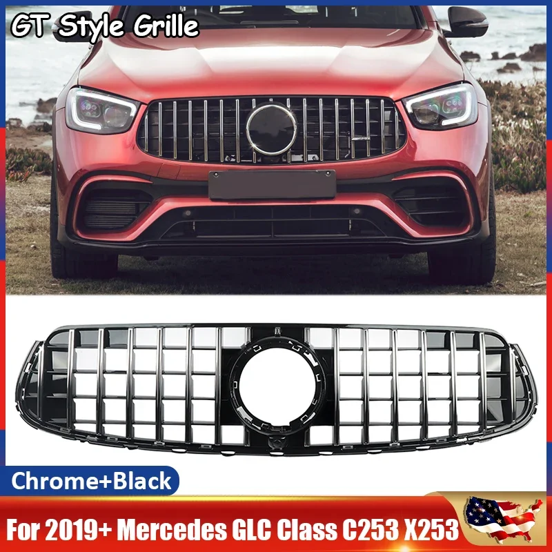 

W253/X253 Black Chrome GT Grill For Mercedes Benz GLC W253/X253 FronT Bumper Silver Grille For GLC300 GLC350 GLC43 Models 2020