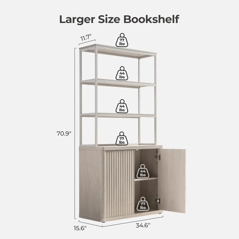 Book Shelf Fluted Bookshelf 71" Tall Bookcase with Doors Storage 5 Tier Mid Century Modern Bookshelves Large Shelves Metal Book 3