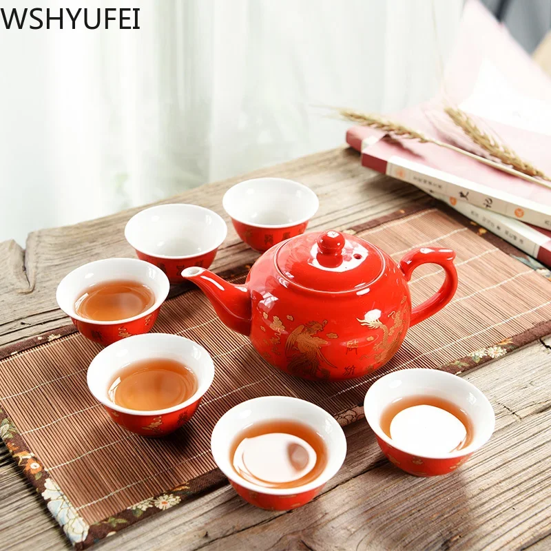 

Chinese traditional wedding ceramic tea set Retro red double happiness teapot tea cup Newlywed gift Wedding supplies WSHYUFEI