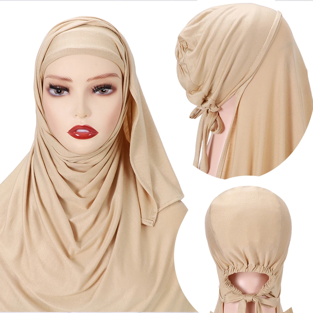 

70.86"X31.5" Instant Hijab 2in1 Jersey Pashmina Shawl With Inners Muslim Ladies Headwrap Top Quality Plain Color Convinient Wrap