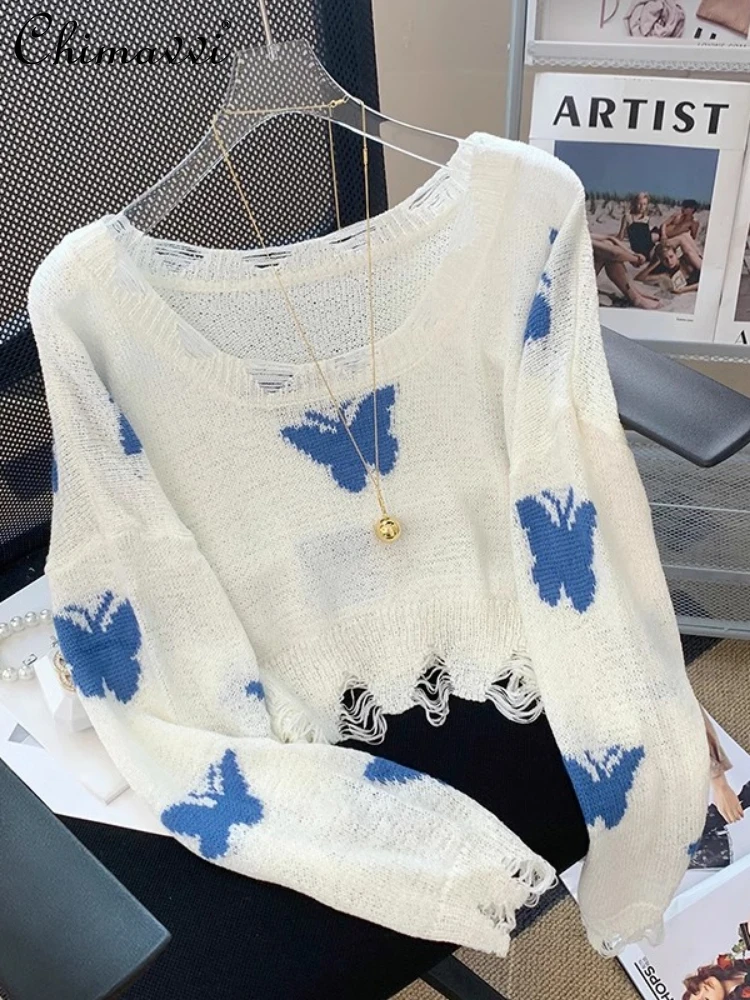 

2024 Spring Sweet Butterfly Print Round Neck Thin Sweaters Long Sleeve Crop Top Women Short Knitted Pullover Bottoming Shirt