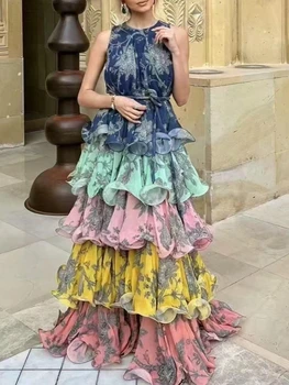 2025 Spring Summer Women's Sleeveless Tie-Waist Ruffle Tiered Midi Dress with Contrasting Details Party Vacation Dress 1
