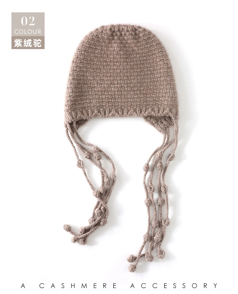 Damen-Strickmütze aus 100 % Kaschmir mit handgefertigter Quaste, rot, warmer Gehörschutz, Winter-Kopfwickel, modische Krawatte, Winter-Accessoire – Detail 13