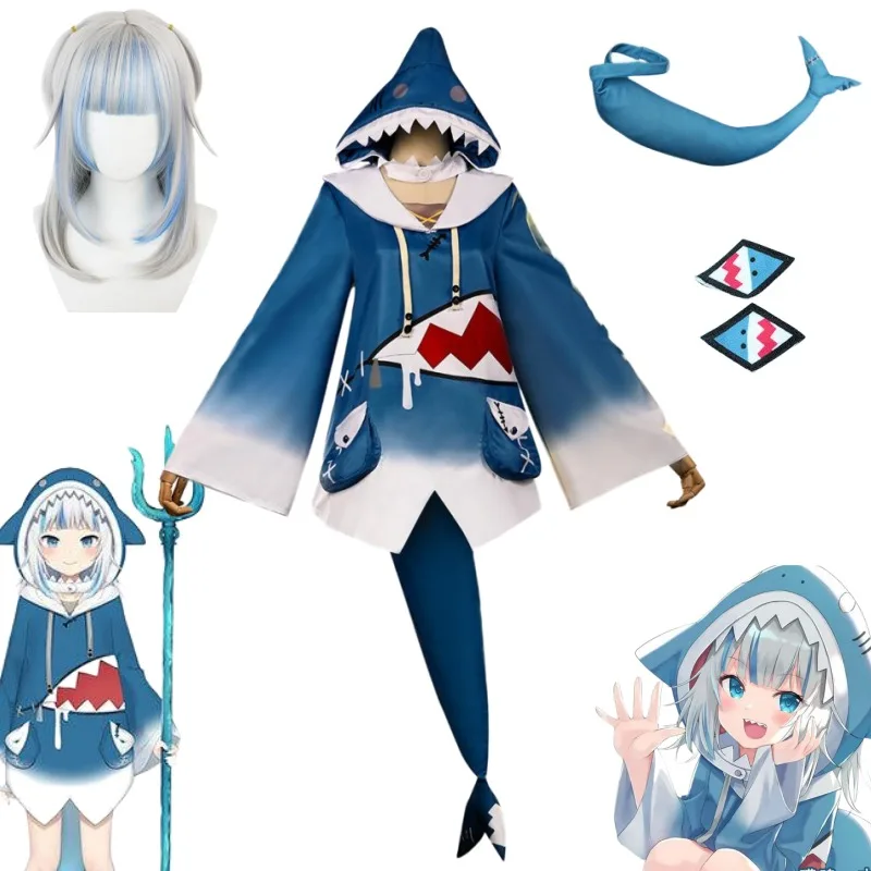 Hololive Gawr Gura 코스프레 코스튬 ENG 상어 코스튬 가발, 귀여운 후드, 여성 할로윈 파티, 유튜버 코스프레 풀 세트 테일