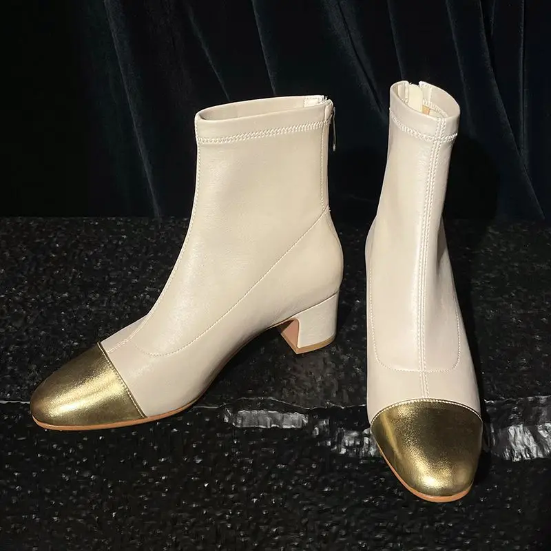 Kcenid High Quality Stretch Slim Ankle Boots Women Gold Round Toe Square Heeled Women's Boots Zipper Ladies Shoes Autumn Winter