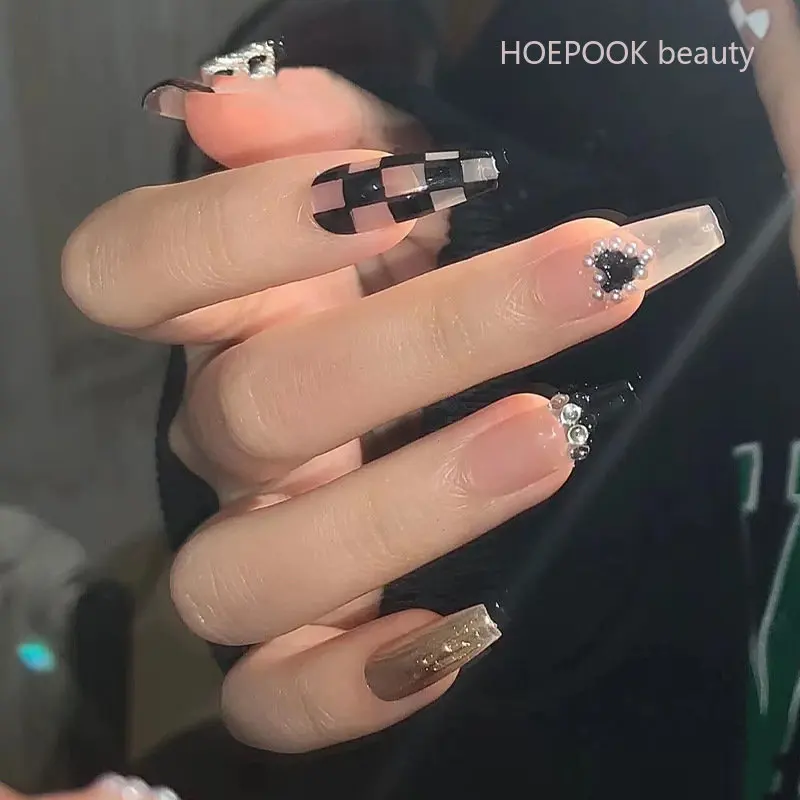 

24pcs Black Grid Heart Long Ballet False Nails Finished Removable Fake Nails Set Reusable Artificial Acrylic Press On Nail Tips