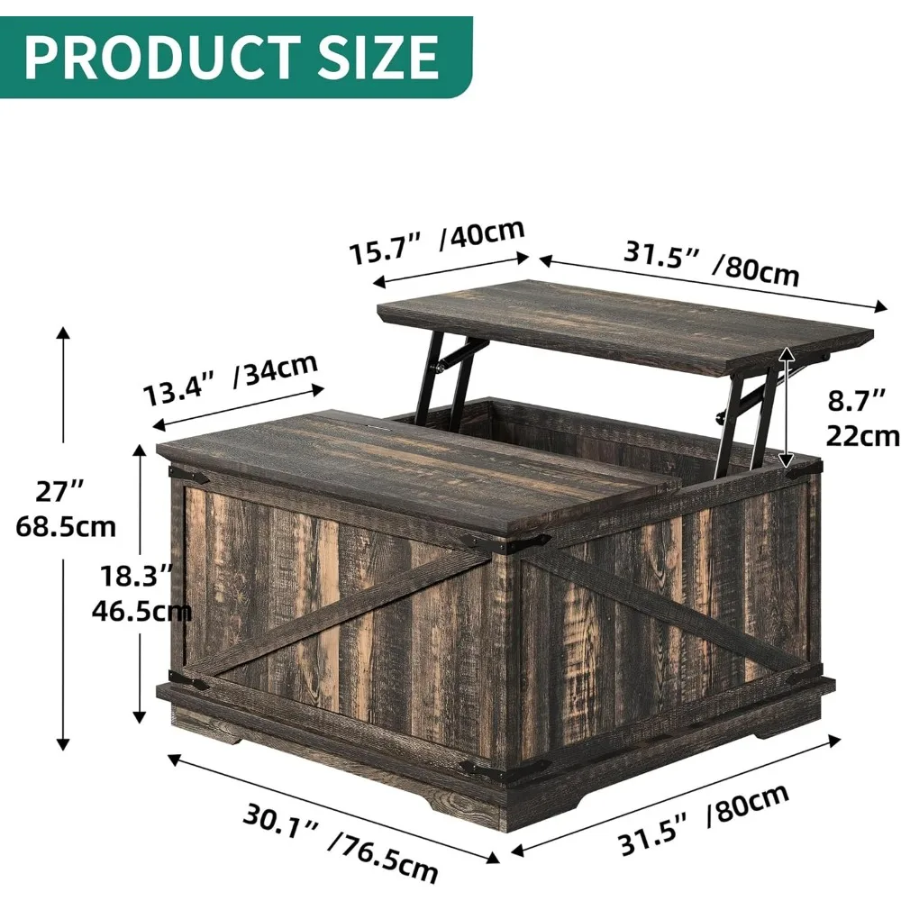 Farmhouse Lift Top Coffee Table,  Square Wood Center Table with Large Hidden Storage Compartment 2