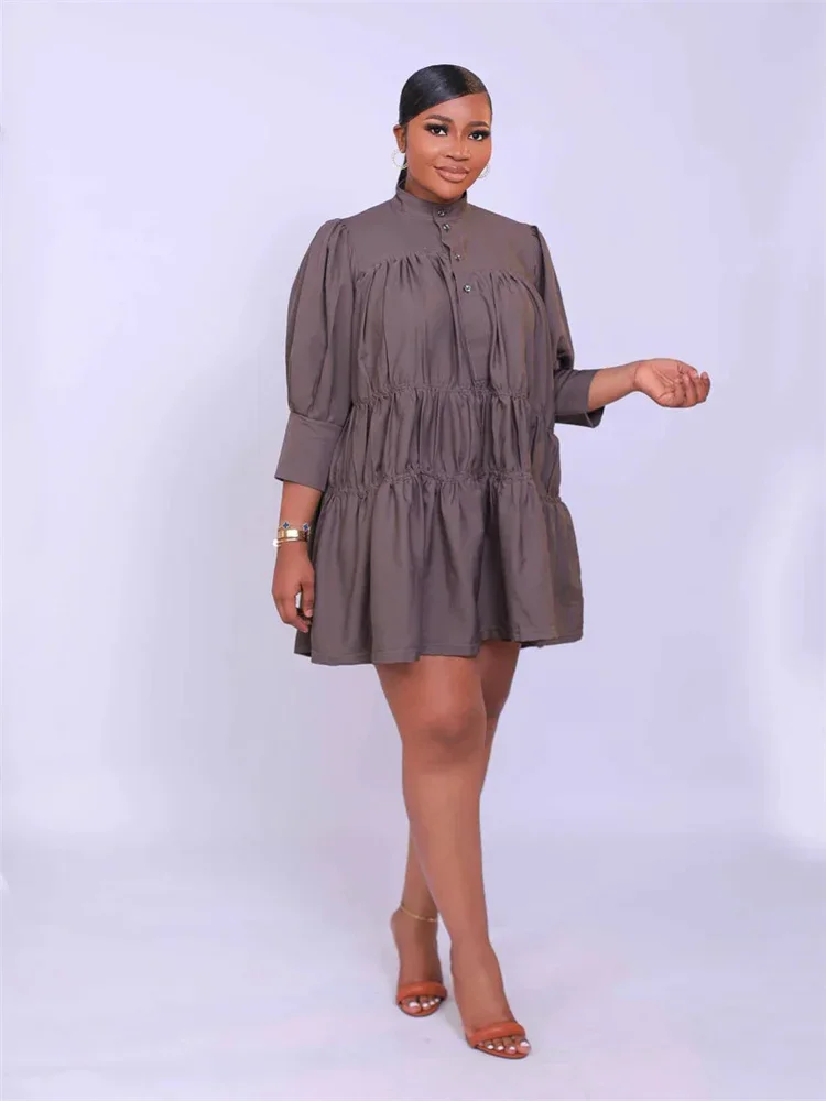 Wmstar Elegant Women Summer Solid Color Short Dress Fashion Long Sleeve High Neck High Waist Clothes Party Casual Mini Dresses