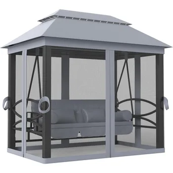 3-Seat Patio Swing Chair, Outdoor Gazebo Swing with Double Tier Canopy 1
