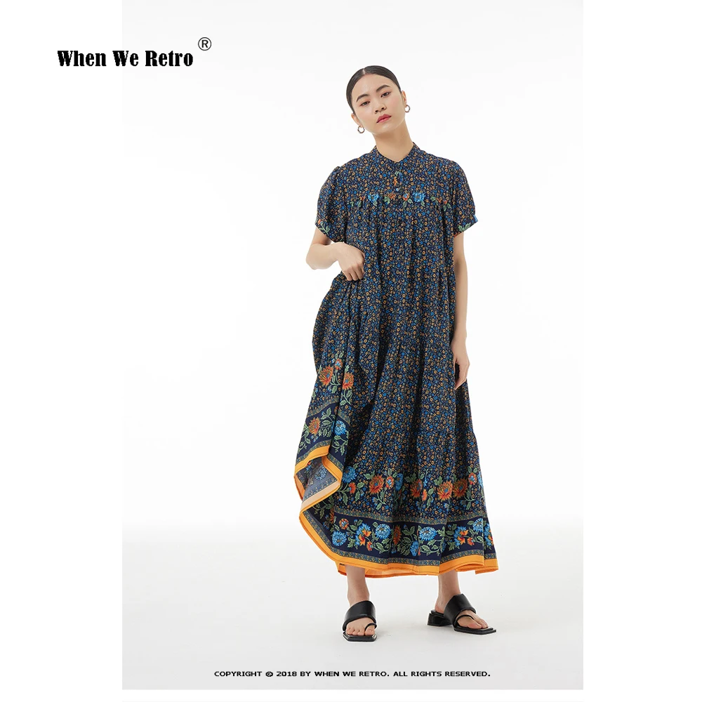 

2023 Summer New Bohemian Dress Vintage Floral Print Women Fashion Casual Stand Collar Short Sleeve Beach Long Dress VP0117