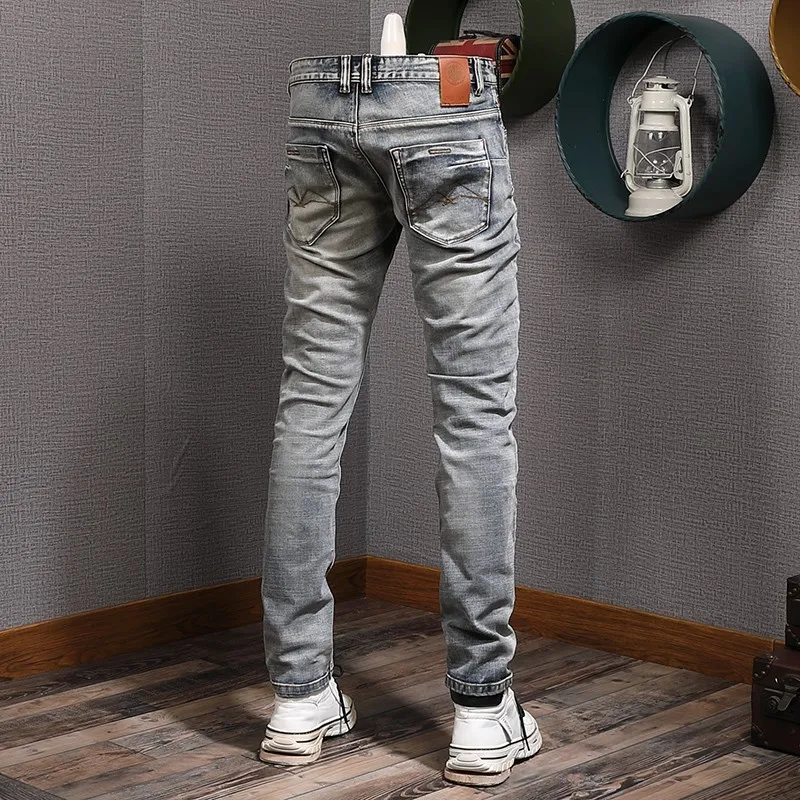 Fashion Vintage Men Jeans Retro Gray Blue Elastic Slim Ripped Jeans Men Embroidery Designer Trousers Trendy Denim Pants Hombre