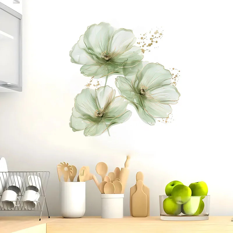 QT670# Green Flowers Toilet Stickers, Bedroom Entryway Living Room Porch Home Decoration Wall Stickers, Removable Stickers