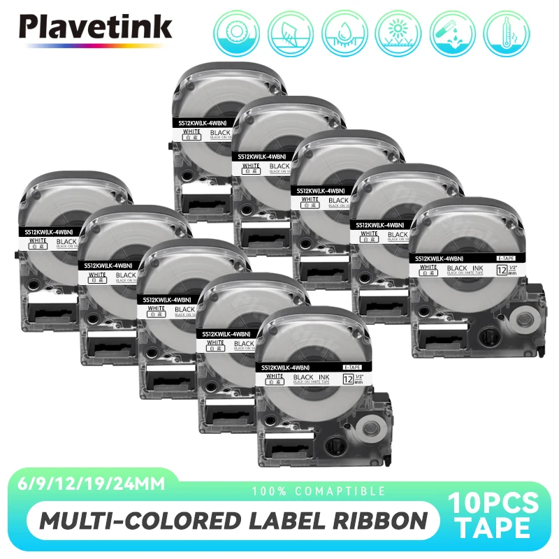 

PLAVETINK 10PC 12mm SS12KW LC-4WBN Compatible for Epson LabelWorks Tape Standard Black on White For Label Printer LW-300 LW-400