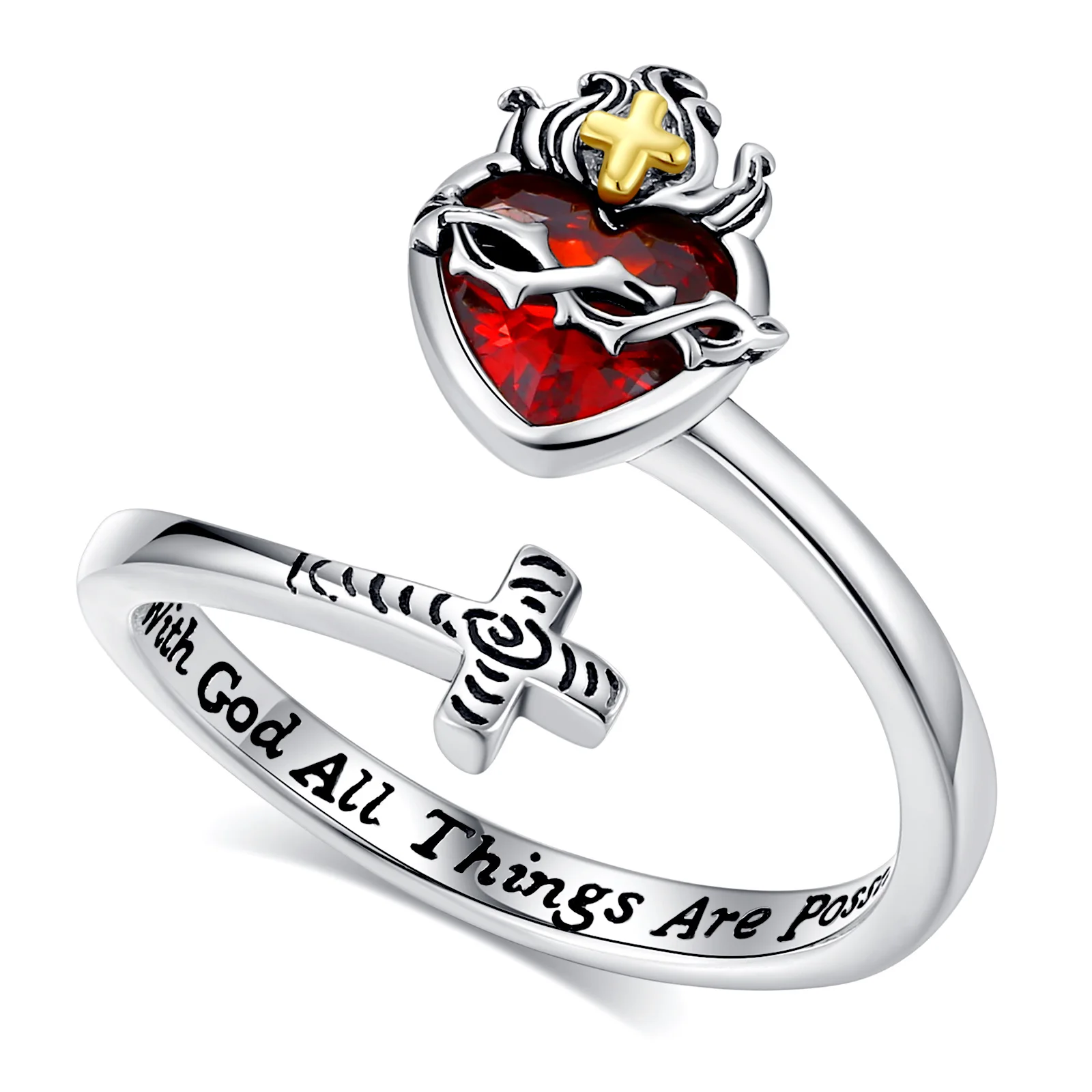 Eudora 925 Sterling Silver Sacred Heart of Jesus Adjustable Ring