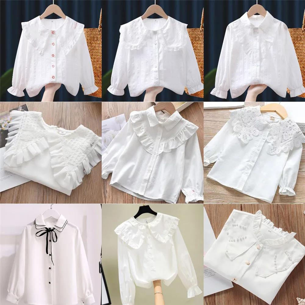 Spring Autumn Baby Toddler Teen Girls Lace White Blouse School Girl Shirt Long Sleeve Kids Shirts Tops Children Clothes