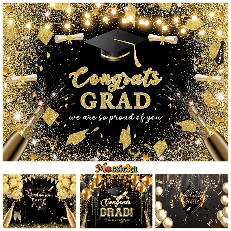 

Cheers Graduation Backdrop Photography Black Bachelor Cap Gold Balloon Background Decor Student Portrait Photo Studio Backdrops