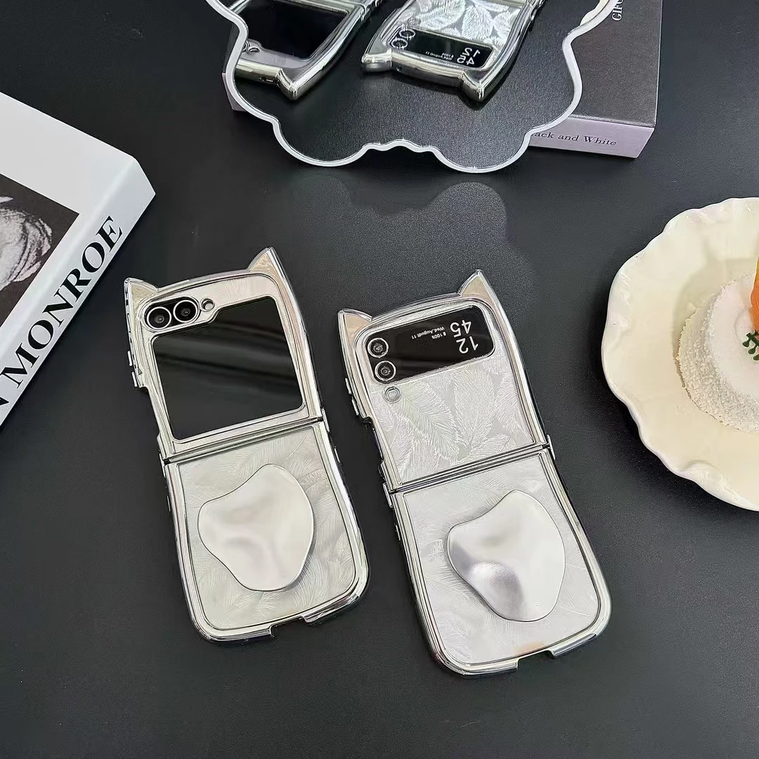 Samsung Galaxy Z Flip 3 4 5 6 Cute kaķa ausu spalvu sirds spoguļa turētāja statīvs mirdzošs tālruņa korpusa vāciņš_voghion.com