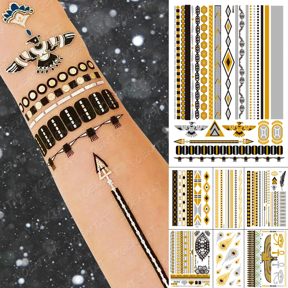 

Waterproof Temporary Tattoo Sticker Chain Bracelet Black Gold Metallic Flash Tatoo Boho Party Eagle Jewelry Glitter Body Art