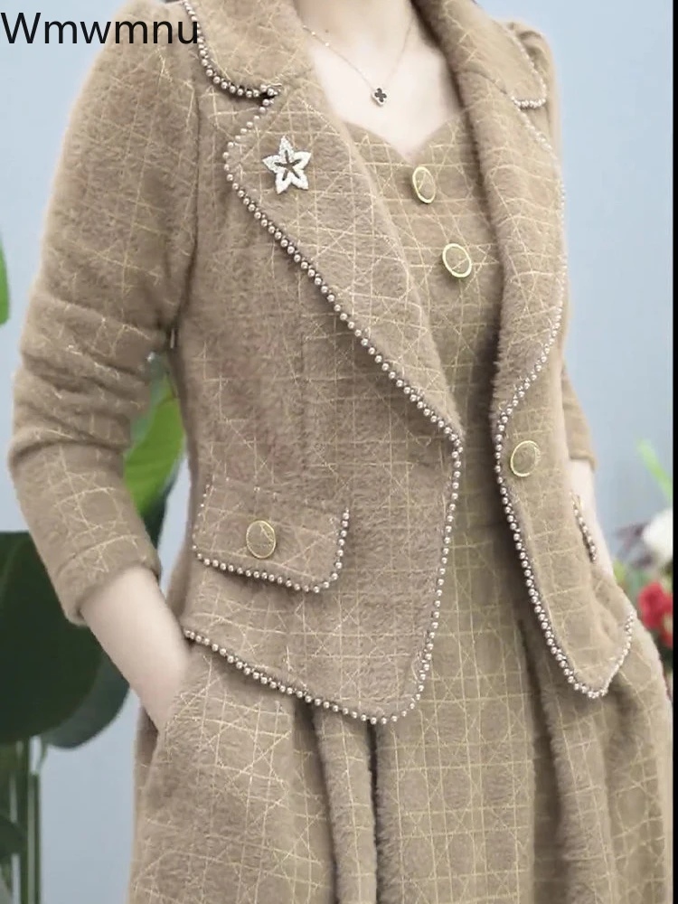 

Slim Vintage Dress 2 Piece Set Luxury Big Size 4xl Midi Dresses Conjunto Elegant Short Jacket + Korean A-line Vestidos Ensembles