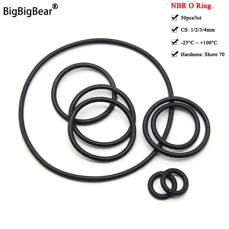 Rubber Seal Ring 50pcs NBR O Ring Seal Gasket Thickness OD 3~80mm CS 1 2 3 4mm Oil Resistance Washer Round Shape Nitrile Butadiene Rubber Spacer